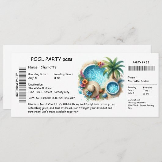 Ticket-Style Pool Party Invitation – Birthday Bash Kaart (Voorkant / Achterkant)
