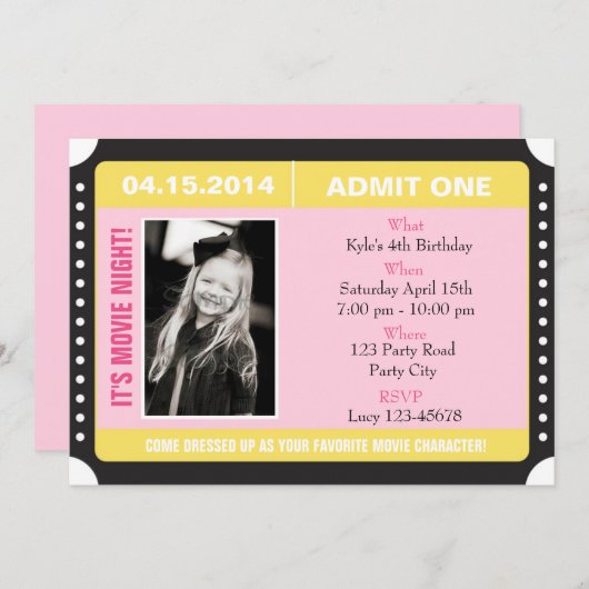Ticket Style Uitnodiging met foto - Geel Roze (Voorkant / Achterkant)