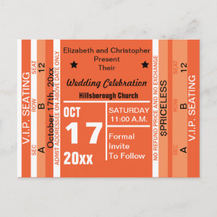 Ticket to Fun Wedding Save the Date Oranje Aankondigingskaart