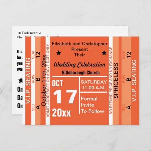 Ticket to Fun Wedding Save the Date Oranje Aankondigingskaart (Voorkant / Achterkant)