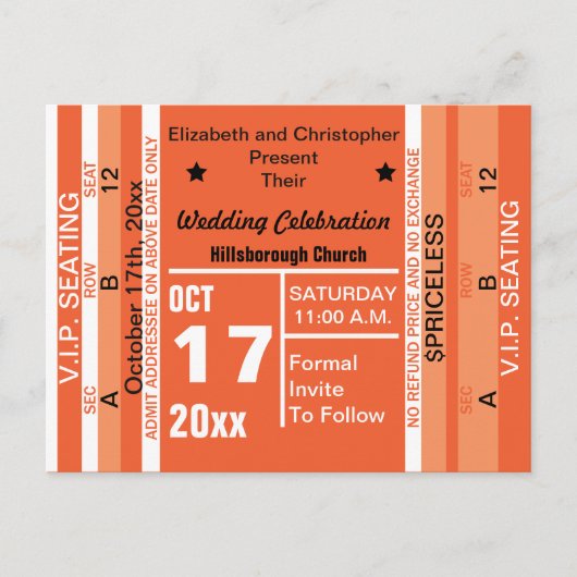 Ticket to Fun Wedding Save the Date Oranje Aankondigingskaart (Voorkant)