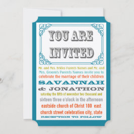 Ticket Typografie Blauwgroen Geel Oranje Koraal Kaart