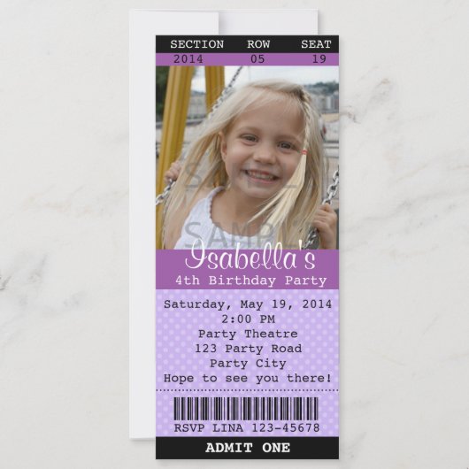 Ticket Uitnodiging (Paars) Foto - Theater/Film (Voorkant)