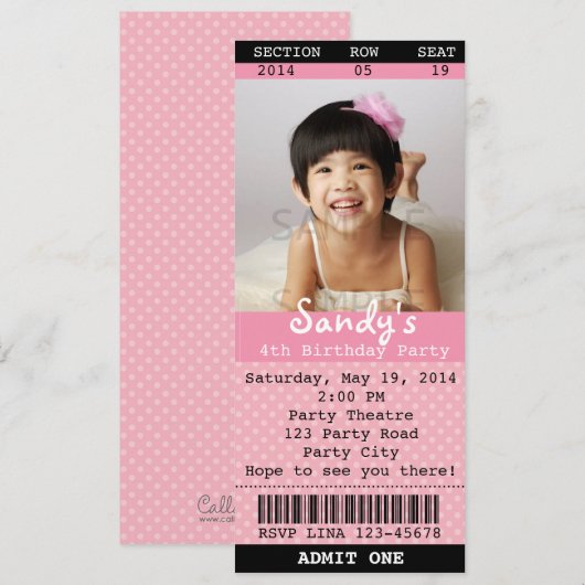 Ticket Uitnodiging (Roze) met Foto -Theater/Film (Voorkant / Achterkant)