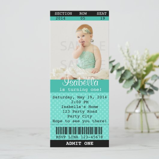 Ticket Uitnodiging (Turquoise) Foto -Bioscoop/Thea (Staand voorkant)