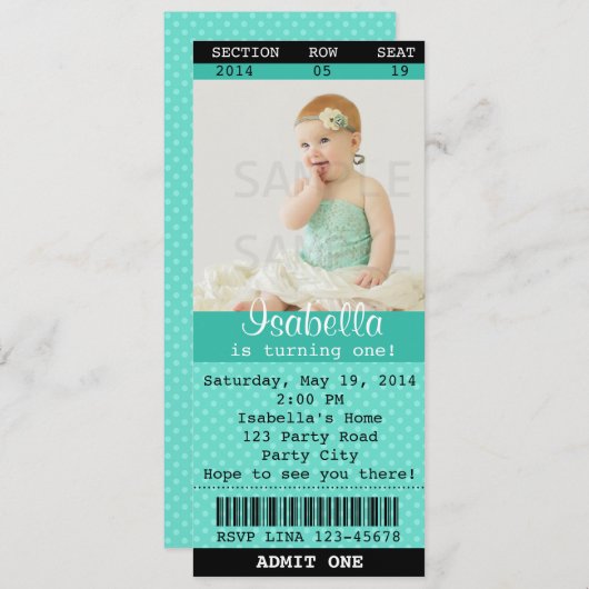 Ticket Uitnodiging (Turquoise) Foto -Bioscoop/Thea (Voorkant / Achterkant)