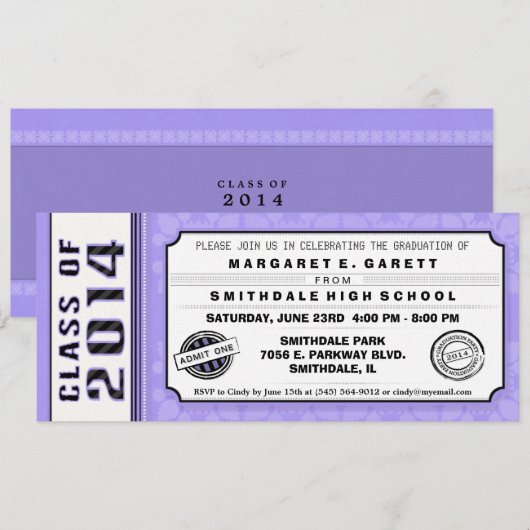 Ticket-uitnodiging van de Paarse & zwarte GraduPar Kaart (Voorkant / Achterkant)