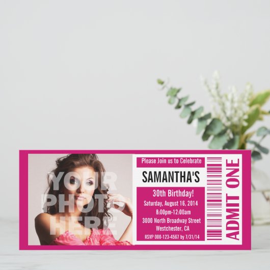 Ticket uitnodigingen, roze ticket kaart (Staand voorkant)