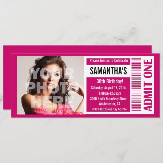 Ticket uitnodigingen, roze ticket kaart (Voorkant / Achterkant)