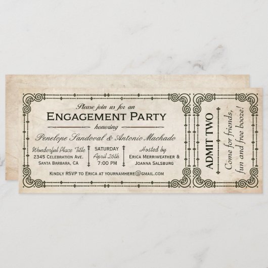 Ticket-uitnodigingen van de  Engagement Party I Kaart (Voorkant / Achterkant)
