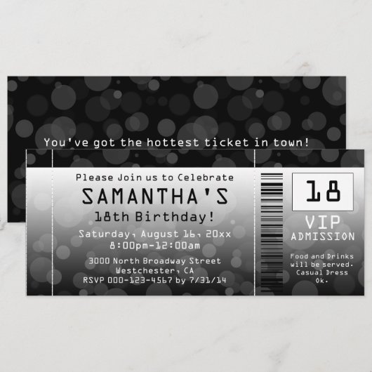 Ticket uitnodigingen, zwart + wit kaart (Voorkant / Achterkant)