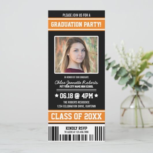 Ticket van de Graduation Party van het Sinaasappel Kaart (Staand voorkant)