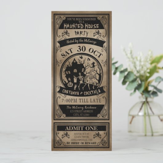 Ticket van de  Haunted House Halloween Party Kaart (Staand voorkant)