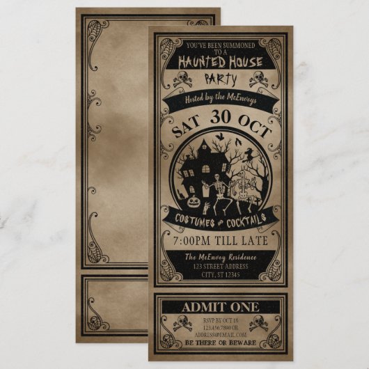 Ticket van de  Haunted House Halloween Party Kaart (Voorkant / Achterkant)