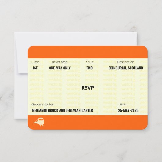 Ticket van trein geïnspireerd | Gay Wedding RSVP (Voorkant)