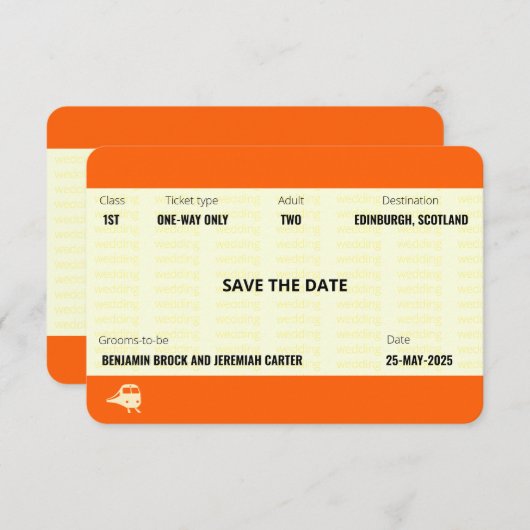 Ticket van trein geïnspireerd | Gay Wedding Save t Kaart (Voorkant / Achterkant)