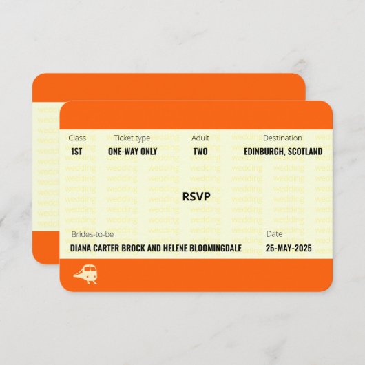 Ticket van trein geïnspireerd | LGBTQ+ Weddenschap RSVP Kaartje (Voorkant / Achterkant)