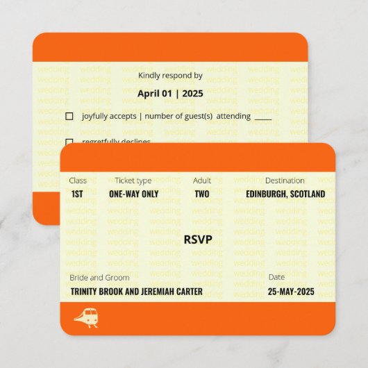 Ticket van trein geïnspireerd | Weddenschap RSVP (Voorkant / Achterkant)