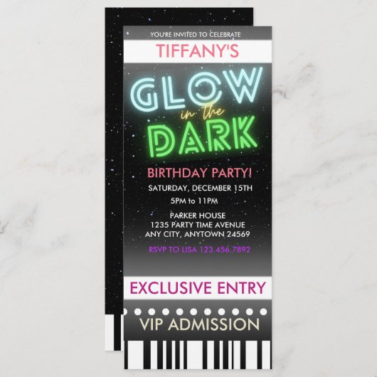 Ticket Verjaardagsuitnodiging | Glow In The Dark Kaart (Voorkant / Achterkant)