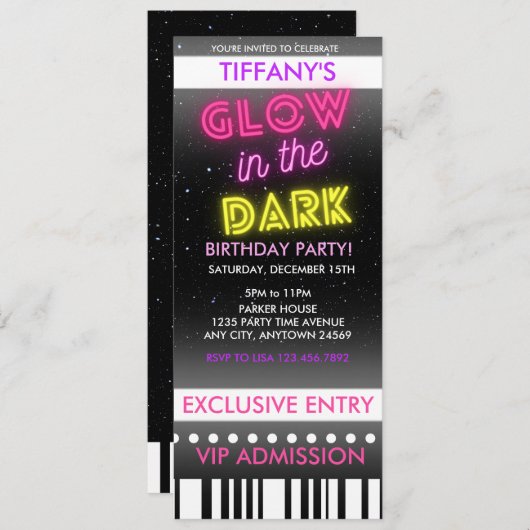 Ticket Verjaardagsuitnodiging | Glow In The Dark Kaart (Voorkant / Achterkant)