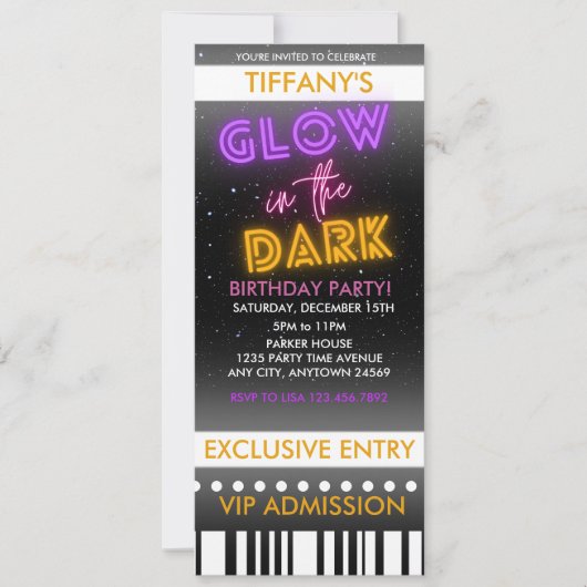 Ticket Verjaardagsuitnodiging | Glow In The Dark Kaart (Voorkant)