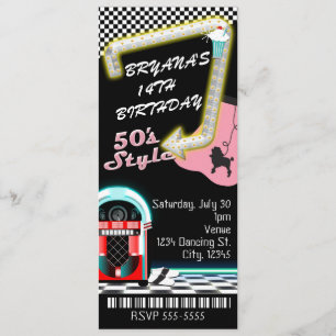 Ticket voor 50's / jaren 50 thema verjaardagsfeest kaart