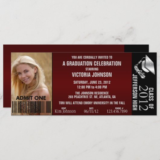 Ticket voor Afstuderen-toelating Uitnodigen Kaart (Voorkant / Achterkant)