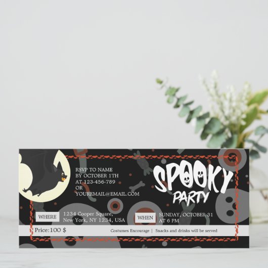 Ticket voor Black & Grey Halloween Spooky Party Save The Date (Staand voorkant)