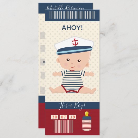 Ticket voor peuter Baby shower Nautical Boarding P Kaart (Voorkant / Achterkant)