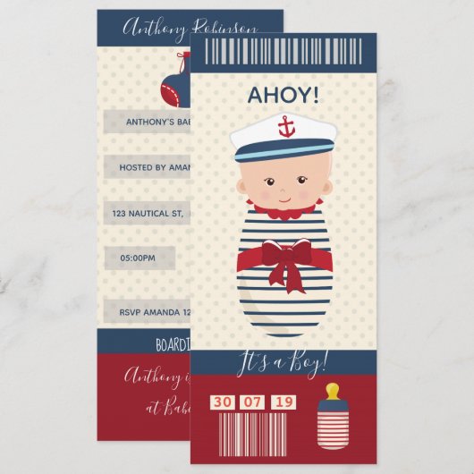 Ticket voor peuter Baby shower Nautical Boarding P Kaart (Voorkant / Achterkant)