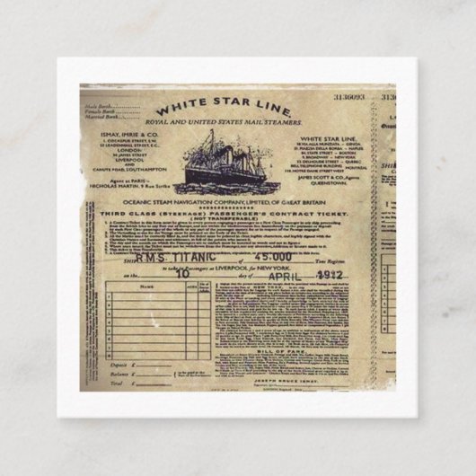 Ticket voor RMS Titanic 1912 (Voorkant)
