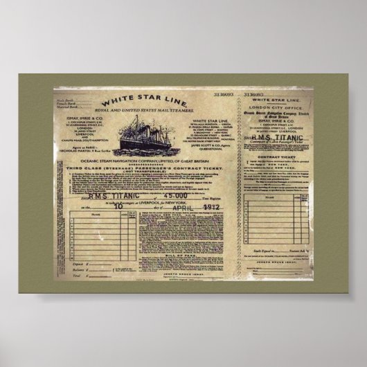 Ticket voor RMS Titanic 1912 Poster (Voorkant)