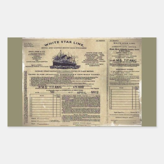 Ticket voor RMS Titanic 1912 Rechthoekige Sticker (Voorkant)