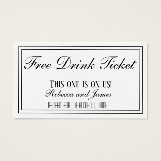 Ticket voor zwarte en witte bruiloft gratis Drink Visitekaartje (Voorkant)