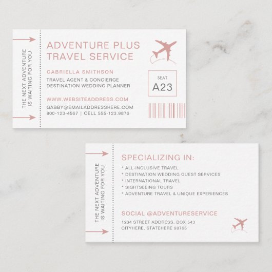 Ticketstijl voor reisagent-bestemmingsplannen visitekaartje (Voorkant / Achterkant)