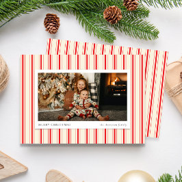 Ticking Stripe Red Merry Christmas Foto Feestdagenkaart