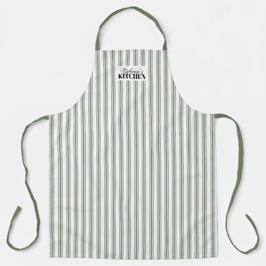 Ticking Stripe Vintage Farmhouse Sage Schort (Voorkant)