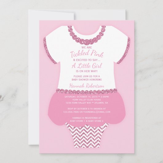 Tickled Pink Baby shower Invitation, Faux Glitter Kaart (Voorkant)