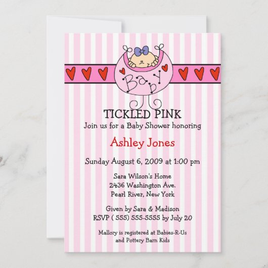 TICKLED PINK Bib Baby Girl Shower Invitations Kaart (Voorkant)