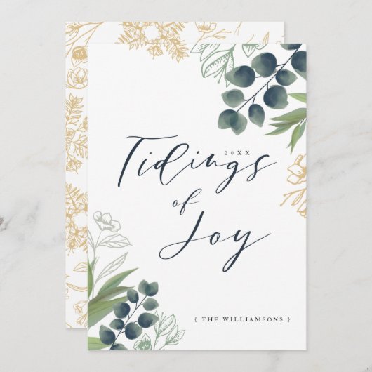 Tidings of Joy | Elegant Waterverf Winter Foliage Feestdagenkaart (Voorkant / Achterkant)