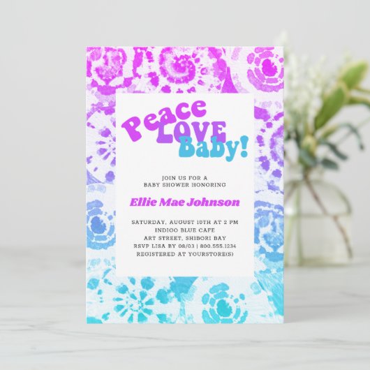 Tie Dye Baby shower Retro Peace Love Baby Kaart (Staand voorkant)