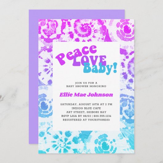 Tie Dye Baby shower Retro Peace Love Baby Kaart (Voorkant / Achterkant)