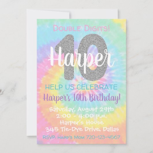 Tie Dye Birthday Invitation 10th Birthday Kaart (Voorkant)