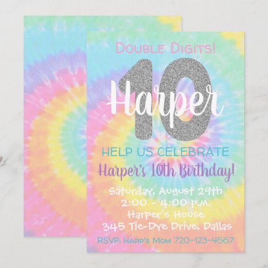 Tie Dye Birthday Invitation 10th Birthday Kaart (Voorkant / Achterkant)