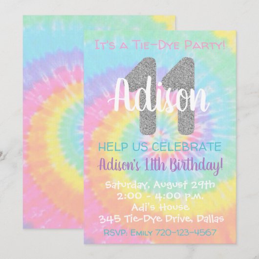 Tie Dye Birthday Invitation 11th Birthday Kaart (Voorkant / Achterkant)