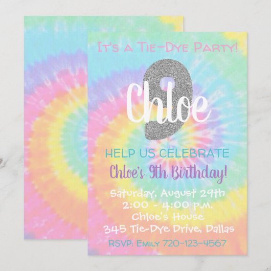 Tie Dye Birthday Invitation 9th Birthday Kaart (Voorkant / Achterkant)