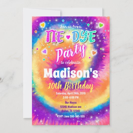 Tie Dye Birthday Invitation, Hippie Birthday Kaart (Voorkant)