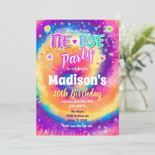 Tie Dye Birthday Invitation, Hippie Birthday Kaart (Staand voorkant)