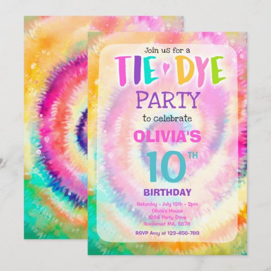 Tie Dye Birthday Party Bright Tie Dye Hippy Party Kaart (Voorkant / Achterkant)