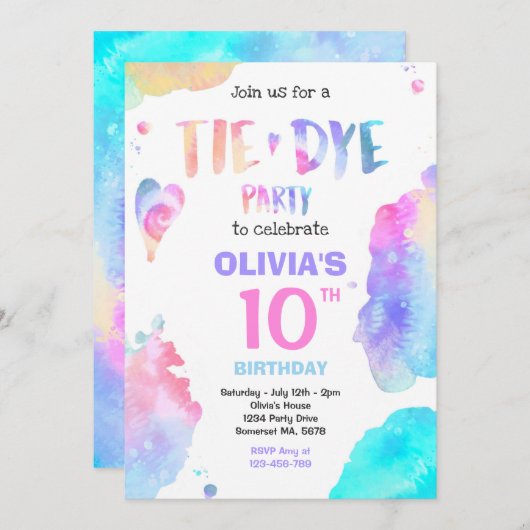 Tie Dye Birthday Party Bright Tie Dye Hippy Party Kaart (Voorkant / Achterkant)